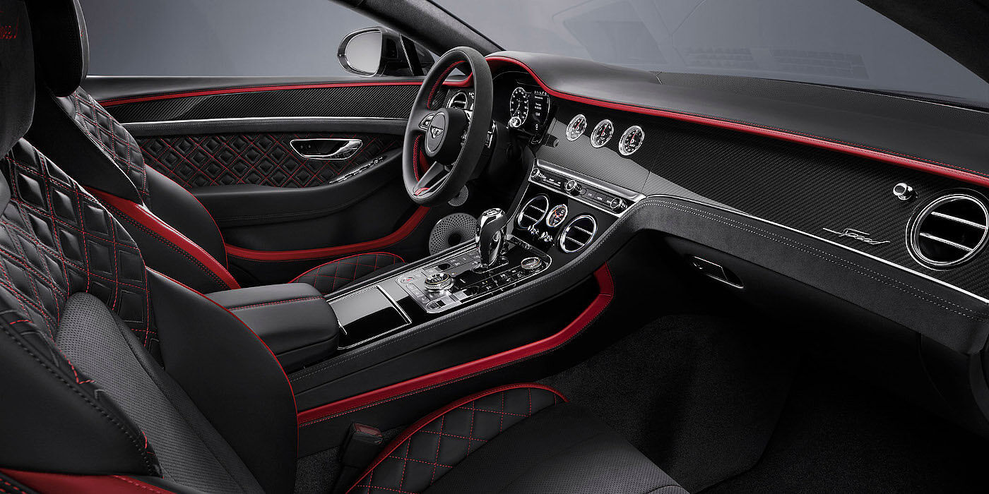 Bentley Antwerp Bentley Continental GT Speed coupe front interior in Beluga black and Hotspur red hide