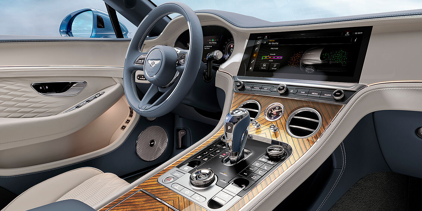 Bentley Antwerp New Bentley Continental GTC Azure convertible interior front cabin view with Linen and Brunel hides and Piano Linen by Mulliner veneer featuring centre console and centre MMI screen