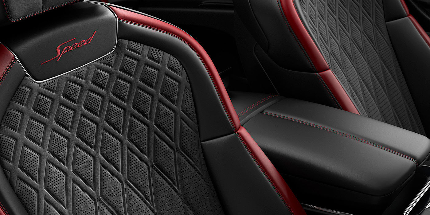 Bentley Antwerp Bentley Flying Spur Speed sedan seat stitching detail in Beluga black and Cricket Ball red hide