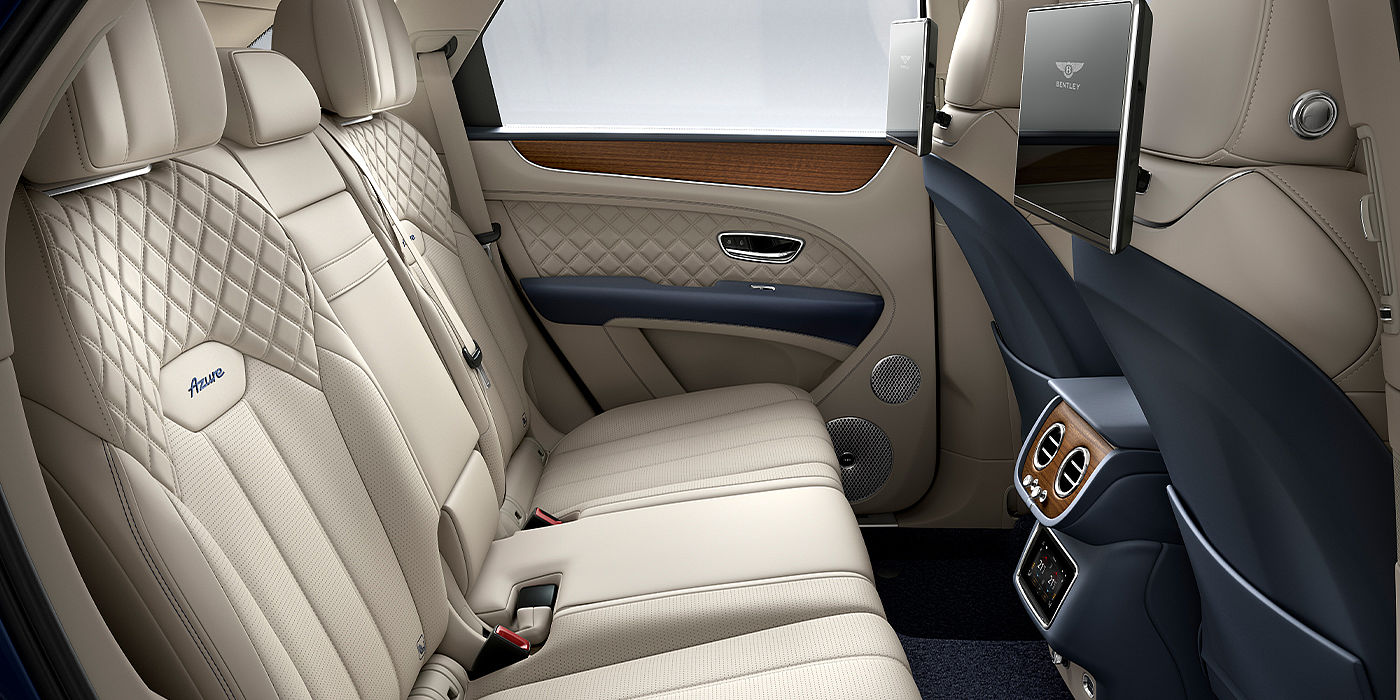 Bentley Antwerp Bentley Bentayga Azure SUV rear interior in Imperial Blue and Linen hide