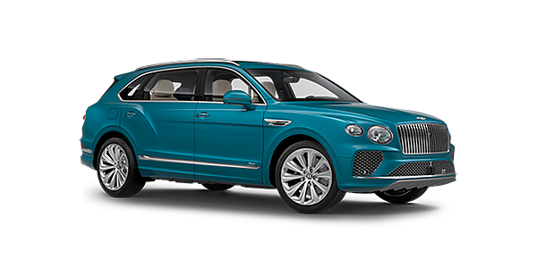 Bentley Antwerp Bentley Bentayga EWB Azure front side angled view in Topaz blue coloured exterior. 