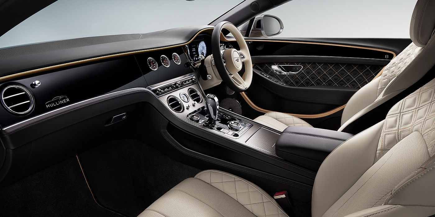Bentley Antwerp Bentley Continental GT Mulliner coupe front interior in Beluga black and Linen hide