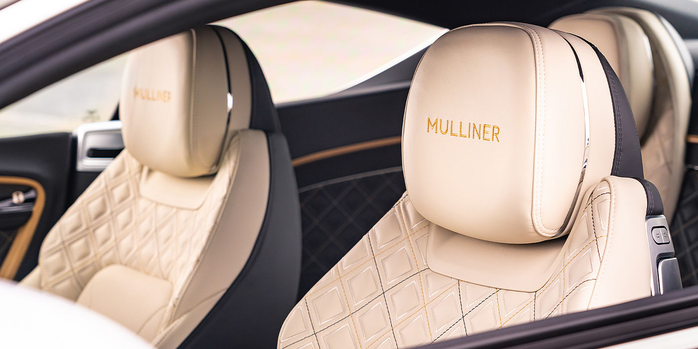 Bentley Antwerp Bentley Continental GT Mulliner coupe seat detail in Beluga black and Linen hide