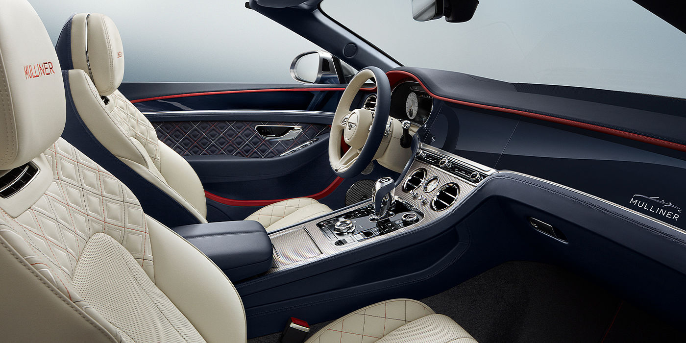 Bentley Antwerp Bentley Continental GTC Mulliner convertible front interior in Imperial Blue and Linen hide